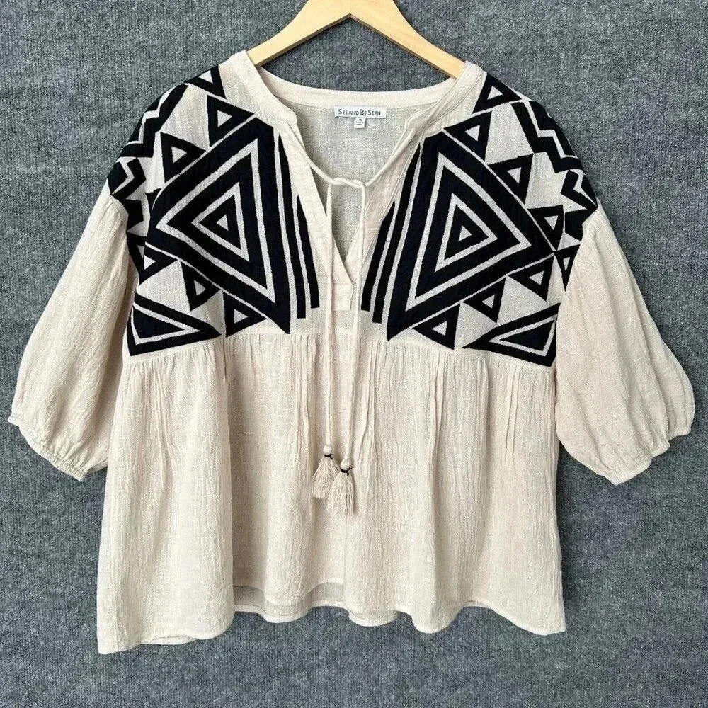 See And Be Seen Top Womens Small Cream Black Gauzy Geometric Peasant Boho Blouse - Picture 4 of 16